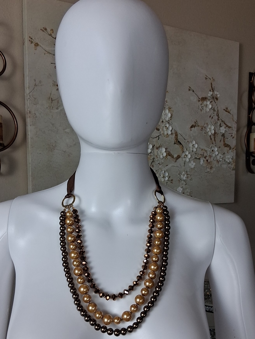 Women's Elegant Brown And Gold Faux Pearl Multi-Strand Statement Necklace - Picture 4 of 14